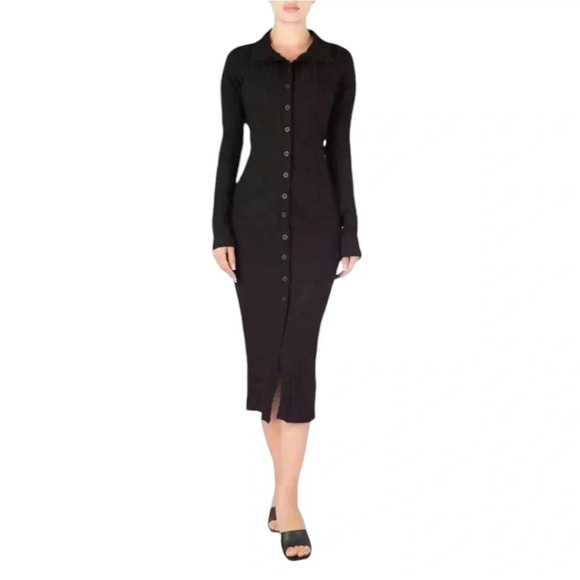 Good American Black Ribbed Button Front Midi Dress - Picture 2 of 9